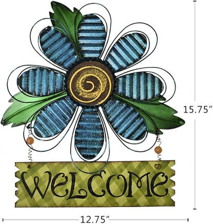 Welcome Sign for Front Door Decor Hanging Sign, Metal Flower Welcome Door Sign Wall Art Decor Hanging for Indoor Outdoor Patio Garden Yard Sign Porch Decoration 15.75X12.75In (C)