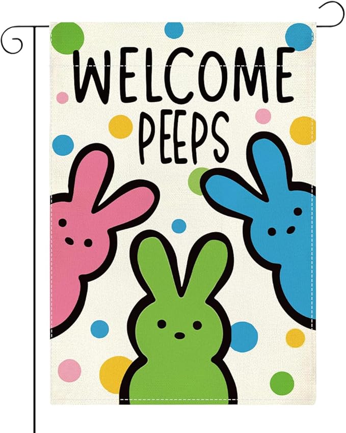 Welcome Peeps Easter Garden Flag Cute Bunny Easter Dot Garden Flag Decor Spring Double Sided House Flag for Outside Yard Decorations 12×18 Inch