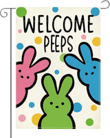Welcome Peeps Easter Garden Flag Cute Bunny Easter Dot Garden Flag Decor Spring Double Sided House Flag for Outside Yard Decorations 12×18 Inch