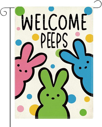 Welcome Peeps Easter Garden Flag Cute Bunny Easter Dot Garden Flag Decor Spring Double Sided House Flag for Outside Yard Decorations 12×18 Inch