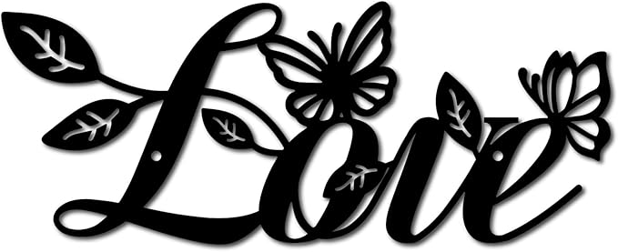 CREATCABIN Love Metal Wall Decor Hanging Letter Signs Iron Black Iron Rustic Love Word Leaves Butterfly Art Decoration Sign Cutout for Valentine's Day Home Office Living Room Walls 11.8 x 4.7 Inch