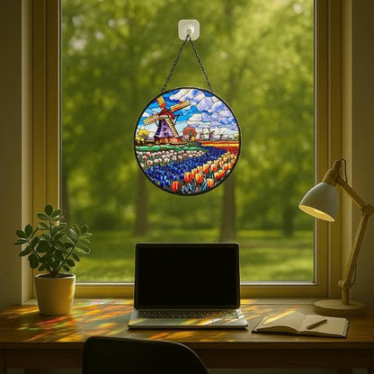 Stained Glass Window Hanging - 9.8in Windmill and Tulips Flowers Field Sun Catchers Indoor Stained Glass Panels Wall Decor for Mom，Wife，Lovers，Festive