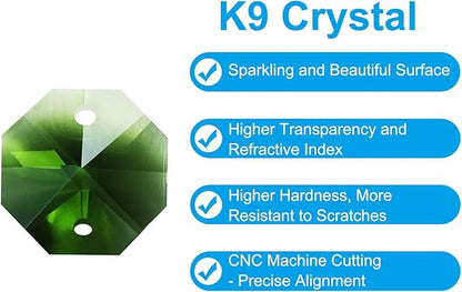 PATIKIL K9 Crystal Octagon Beads 2 Holes Pendants, 60 Pack 14mm Chandelier Prisms Parts Ornaments Hanging Beads for DIY Arts Crafts Decoration, Green