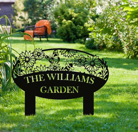 Custom Metal Garden Sign, Flower Sign with Stakes, Personalized Garden Decor for Outside, Garden Family Name Sign, Outdoor Steel Yard Sign, Large Patio Garden Sign Art, Housewarming Gift
