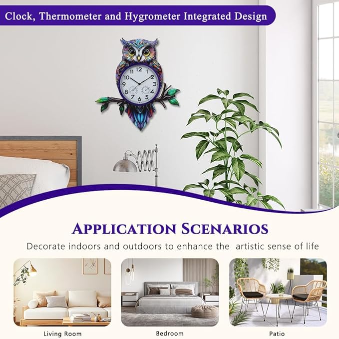 Large Outdoor Clock with Thermometer & Humidity, Owl Outdoor Wall Clock Silent No-Ticking Outside Clock for Patio, Living Room, Kitchen