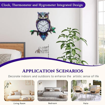 Large Outdoor Clock with Thermometer & Humidity, Owl Outdoor Wall Clock Silent No-Ticking Outside Clock for Patio, Living Room, Kitchen