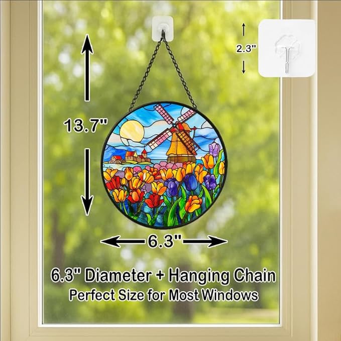Stained Glass Window Hanging - 6.3in Dutch Windmill and Tulip Flower Sun Catchers Indoor Stained Glass Panels Wall Decor for Mom，Wife，Lovers，Festive
