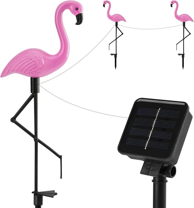 Solar Flamingo Lights 3 Pcs Set, Waterproof Solar Garden Lights Outdoor Decoration, Pink Flamingo Garden Decoration for Patio Lawn Sidewalk Pathway