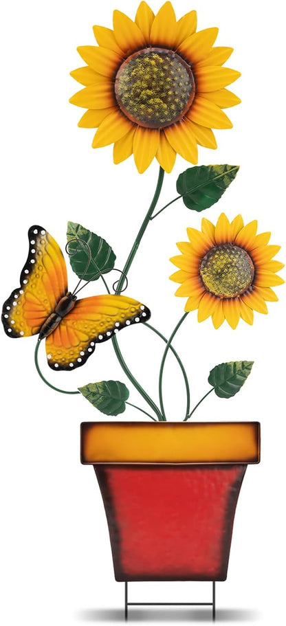 pearlstar Sunflower Decorative Garden Stake 44 Inches Large Metal Art Outdoor Yard Decor Flower Pot Design for Outside Garden Lawn Patio Proch Ornaments,Butterfly