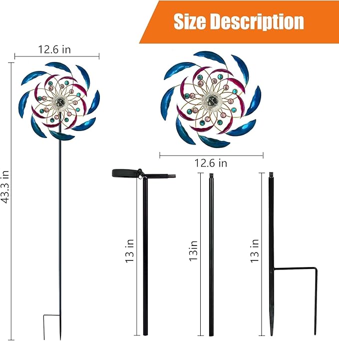 46" Wind Spinners for Yard and Garden with Solar LED Light, Metal Kinetic Wind Spinner Outdoor Decor, Wind Sculpture Yard Art Decorations for Patio, Lawn & Garden