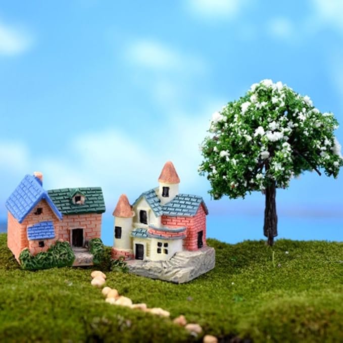 Leadigol 4pcs Miniature Fairy Garden House,Miniature Garden Landscape Desk Ornaments Yard Bonsai Resin Landscape Mini Fairy Houses DIY Villa Decor