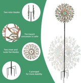 DREAMYSOUL Metal Wind Spinner, 16.5" Dia *64" Tall Large Wind Spinners Outdoor, 5 Pronged Kinetic Wind Sculptures & Spinners for Garden and Yard (Bronze)