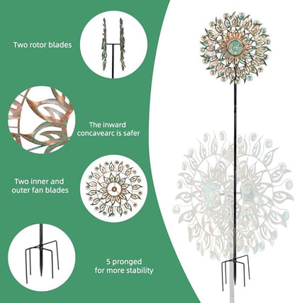 DREAMYSOUL Metal Wind Spinner, 16.5" Dia *64" Tall Large Wind Spinners Outdoor, 5 Pronged Kinetic Wind Sculptures & Spinners for Garden and Yard (Bronze)