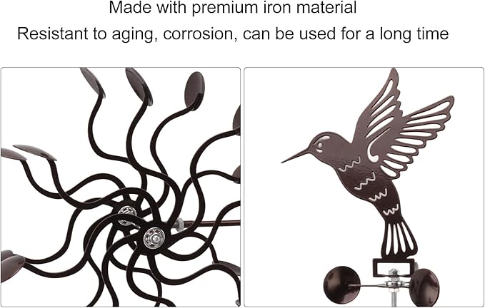 Hummingbird Iron Wind Spinner, Vintage Metal Windmill Sculpture, Outdoor Garden Lawn Ornament with Stable Rotation, Sturdy Premium Iron for Long Lasting Decor