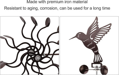 Hummingbird Iron Wind Spinner, Vintage Metal Windmill Sculpture, Outdoor Garden Lawn Ornament with Stable Rotation, Sturdy Premium Iron for Long Lasting Decor