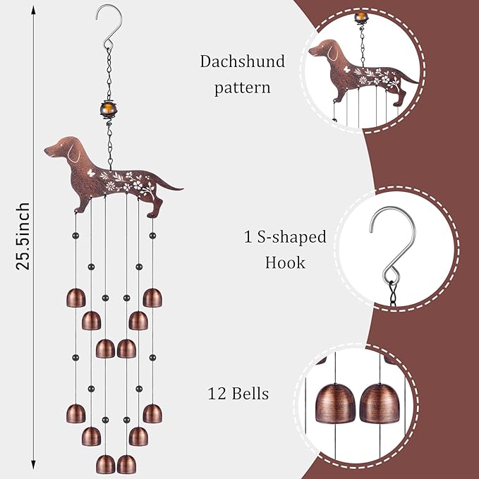 Cinnvoice 24 Inch Metal Wind Chimes Decor for Outside Garden Birthday Gift for Women Men Bronze Windchimes Pet Memorial Gift with 12 Bell for Patio Yard Lawn Housewarming Front Yard(Dachshund Dog)