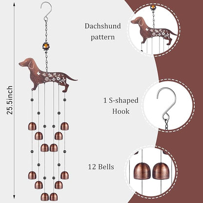 Cinnvoice 24 Inch Metal Wind Chimes Decor for Outside Garden Birthday Gift for Women Men Bronze Windchimes Pet Memorial Gift with 12 Bell for Patio Yard Lawn Housewarming Front Yard(Dachshund Dog)