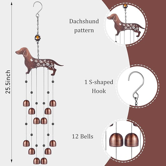 Cinnvoice 24 Inch Metal Wind Chimes Decor for Outside Garden Birthday Gift for Women Men Bronze Windchimes Pet Memorial Gift with 12 Bell for Patio Yard Lawn Housewarming Front Yard(Dachshund Dog)