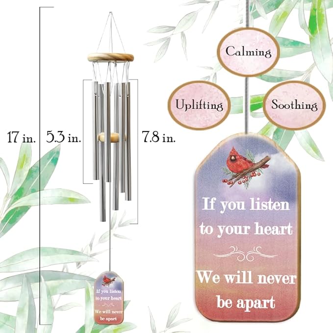 Personalized Sympathy Wind Chimes for Loss of Loved One, 17 Inches, Cardinal - Add Photo and Text - Metal Tubes and Custom Wooden Striker Windcatcher