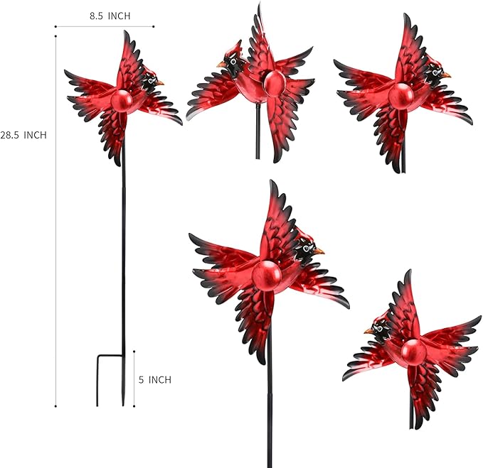 MUMTOP Cardinal Wind Spinner Outdoor, 2 Pack Metal Red Birds Windmill for Yard Art, Garden Decor
