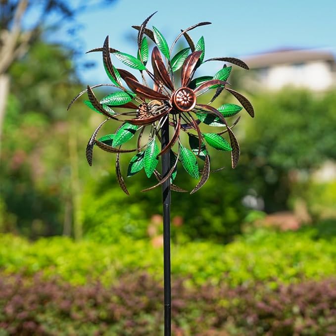DREAMYSOUL Wind Spinners Outdoor, 360 Degree Rotation Double Layer Metal Kinetic Wind Spinner, Wind Sculpture with Green Leaves Blades for Yard and Garden Lawn Decor