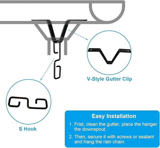 Rain Chain Gutters Adapter Clip - V Shaped Hook Hanger Garden Rain Catcher System, Water Diverter Accessories (1 PCS, Black)