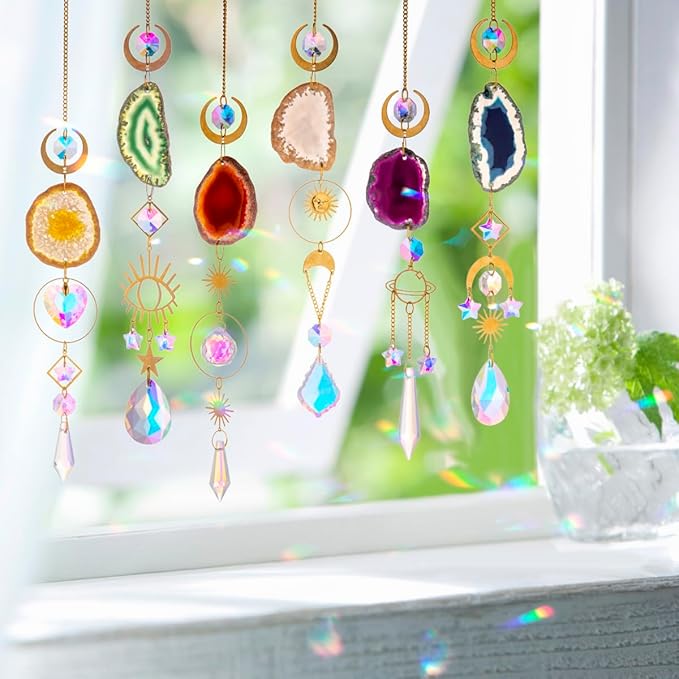 WEISIPU Set of 6 Crystal Sun Catchers - Window Hanging Sun Catchers with Crystals and Agate Slices, Wind Chimes Ornaments Decor Prism for Home Car Window Party Decorations-6 Pcs