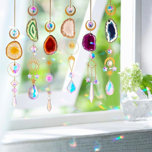 WEISIPU Set of 6 Crystal Sun Catchers - Window Hanging Sun Catchers with Crystals and Agate Slices, Wind Chimes Ornaments Decor Prism for Home Car Window Party Decorations-6 Pcs