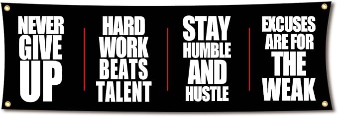 Motivational Gym Flag Banner - Never Give Up - 72x24 Inches Home & Garage Gym Wall Decor with 4 Brass Grommets for Easy Hanging