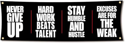 Motivational Gym Flag Banner - Never Give Up - 72x24 Inches Home & Garage Gym Wall Decor with 4 Brass Grommets for Easy Hanging