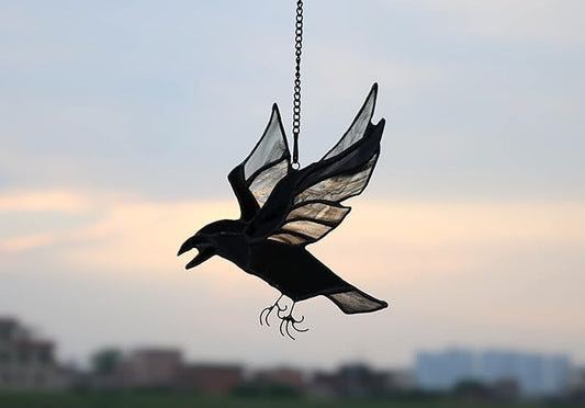 BOXCASA Raven Stained Glass Window Hangings,Crow Decorations for Halloween,Bird Suncatcher for Windows,Balconies,Yards,Walls