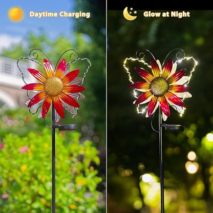 Solar Wind Spinners Outdoor,Butterfly Garden Windmill Metal Flower Wind Sculptures for Yard Art Lawn Decor(Red)