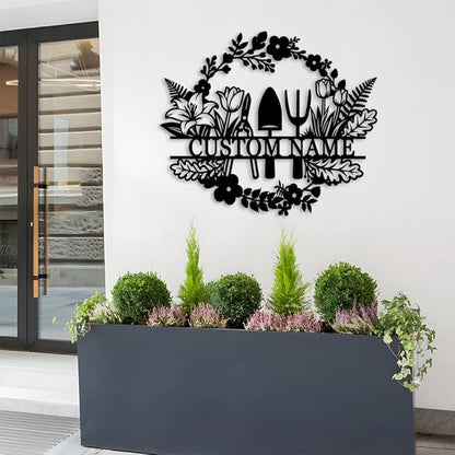 Custom Garden Metal Name Sign,Personalized Garden Tools with Flowers wall art,Gift For Gardener,Outdoor Yard Greenhouse decor style-21