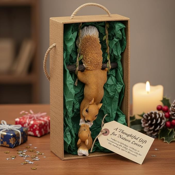 SUPVOX Hanging Squirrel Ornament for Tree Hand-Painted Resin Squirrel Statue with Durable Flax Rope Outdoor Garden Decor for Patio Balcony and Yard 12.59X5.51X2.75 Inches