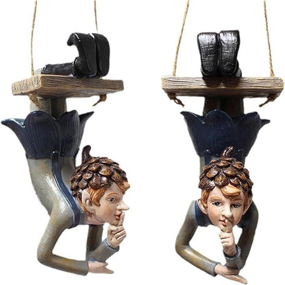 Swinging Fairy Garden Statue, Resin Hanging Ornament for Outdoor Trees, Patio and Yard Decor All Weather Fairy on a Swing Figurine for Fantasy Garden Displays (Brown)