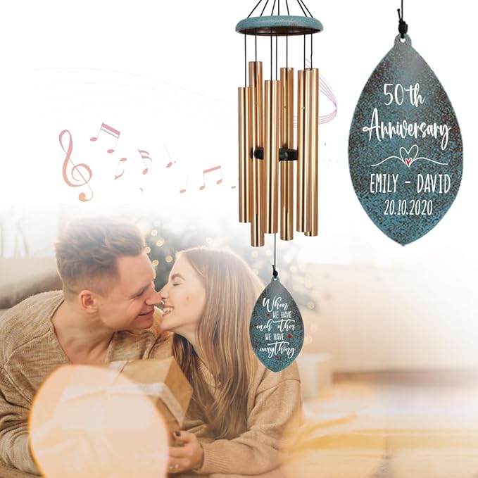 ASTARIN Personalized 20th 50th Anniversary Wind Chime, Happy Anniversary Wedding Valentine's Day Gift for Wife Women Sister, Golden Keepsake Decorations for Parents Couples(Produced in USA)