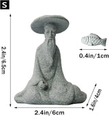 livelyfish Mini Fisherman Statue Asian Zen Decoration Sitting Fishing Figurines Sandstone Vintage Ornament for Aquarium Fish Tank Pot Garden Home Japanese Decor (B)