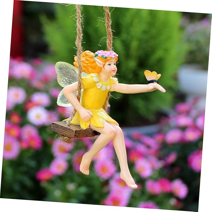 Garneck Hanging Flower Fairy Resin Statue Outdoor Swing Decor for Garden Trees Durable Garden Ornament for Home and Patio Decoration