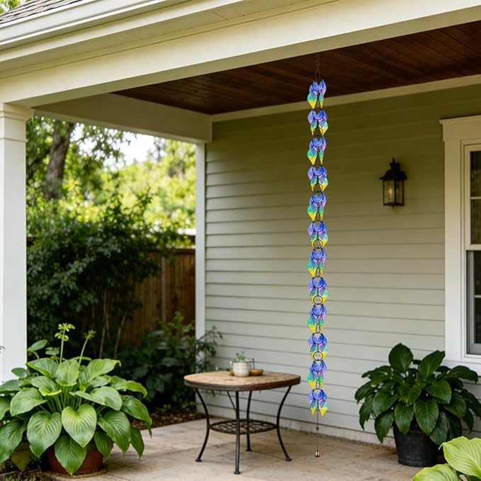 dreamysoul Rain Chains for Outside, 7.87FT Adjustable Glass Rain Chain, Colorful Leaf Rain Catcher Chains for Gutters Downspout, Eaves, Drainage