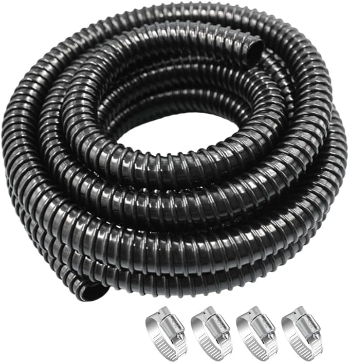 Pond Tubing ID 1” × 20FT Long Corrugated Flexible Pond Hose Pipe with 4 Clamps Pipe Fittings for Pond Pump Fountain Garden Waterfall