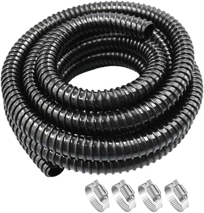 Pond Tubing ID 1” × 20FT Long Corrugated Flexible Pond Hose Pipe with 4 Clamps Pipe Fittings for Pond Pump Fountain Garden Waterfall