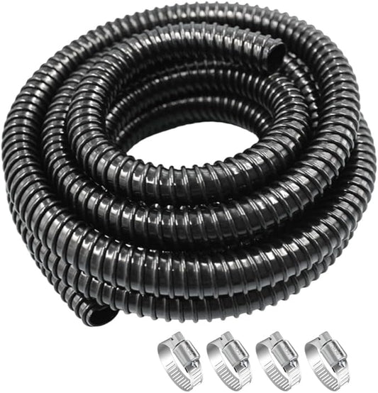 Pond Tubing ID 1” × 20FT Long Corrugated Flexible Pond Hose Pipe with 4 Clamps Pipe Fittings for Pond Pump Fountain Garden Waterfall