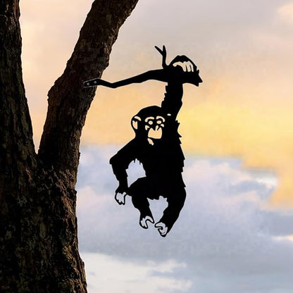 Hanging On The Branch Monkey Statue Garden Stake Yard Art Decor Iron Silhouette Metal Wall Art Home Garden Patio Outdoor Statue (9.84IN*6.1IN)