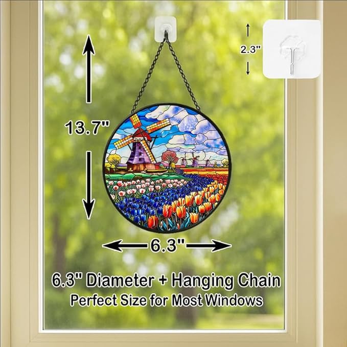 Stained Glass Window Hanging - 6.3in Windmill and Tulips Flowers Field Sun Catchers Indoor Stained Glass Panels Wall Decor for Mom，Wife，Lovers，Festive