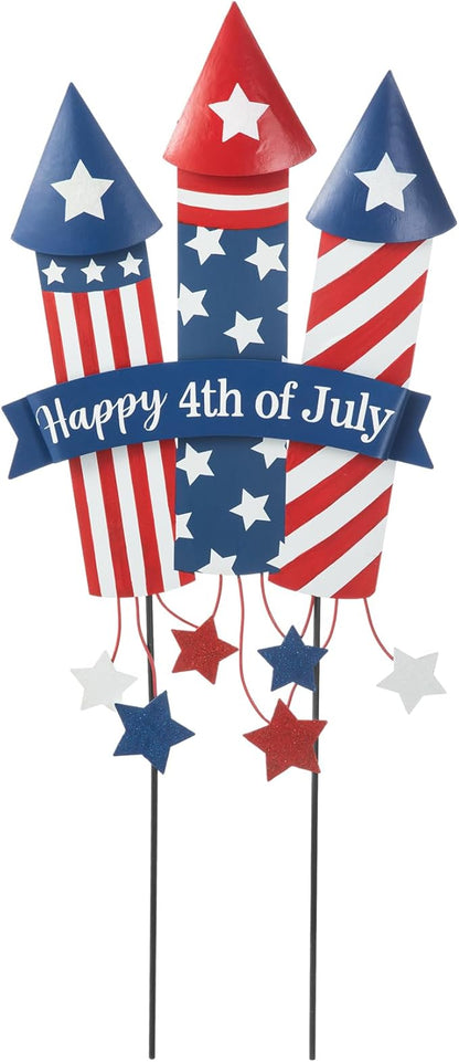 Glitzhome 30" H Patriotic Firecracker Yard Stake or Wall Décor,Happy 4th of July American Rocket Garden Sign for Independence Day Outdoor Lawn Patio Decor