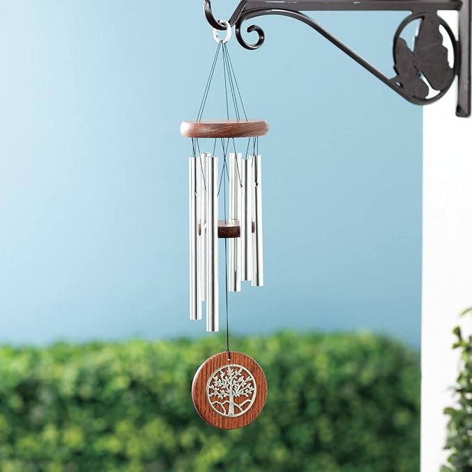 Woodstock Chimes Signature Collection, Woodstock Habitats Chime, 17'', Silver, Teak, Tree of Life Wind Chimes for Outdoor, Patio, Home or Garden Decor (HCTT)