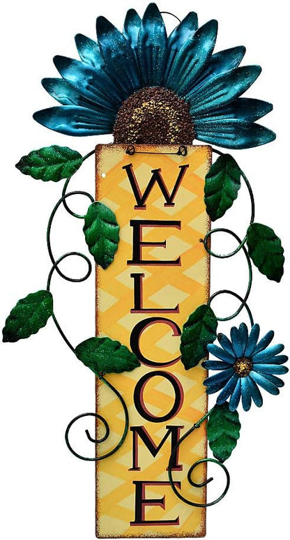Attraction Design Welcome Sign for Front Door Decor Hanging Sign, Metal Flower Welcome Door Sign Wall Art Decor Hanging for Indoor Outdoor Patio Garden Yard Sign Porch Decoration 15.25X8.5In (C)