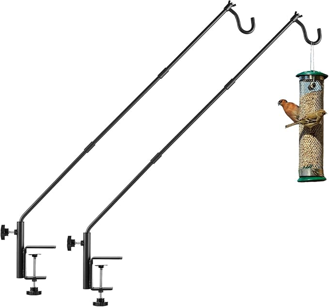ULIOK 2 Pack Heavy Duty Deck Hook, 31 Inch Extended Adjustable, 360° Rotatable Arm Solid Rod, Solid Steel Deck Hangers for Hanging Bird Feeders, Plants, Planters, Suet Baskets, Lanterns, Wind Chime
