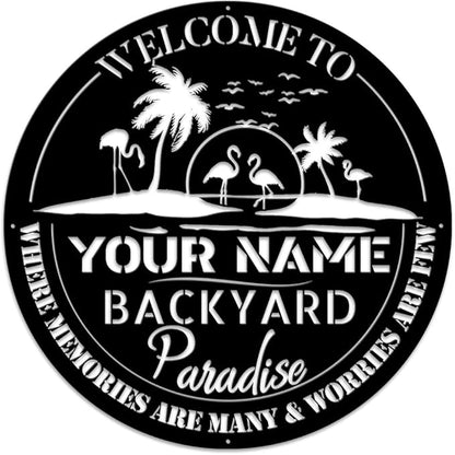 MeMate Backyard Sign Outdoor Decor, Personalized Metal Sign for Backyard, Patio, Custom Name Signs for Garden Porch, Deck, Large Metal Sign