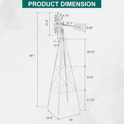 VINGLI 8FT Ornamental Windmill Backyard Garden Decoration Weather Vane, Heavy Duty Metal Wind Mill w/ 4 Legs Design,White